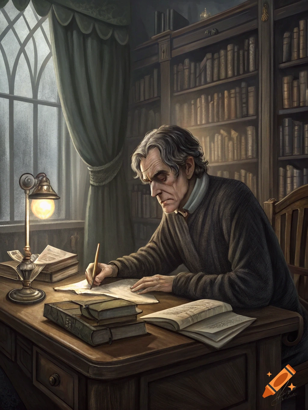 A detailed portrait of an older man with gray hair intensely writing at a wooden desk in a dimly lit study, surrounded by books and illuminated by a desk lamp.