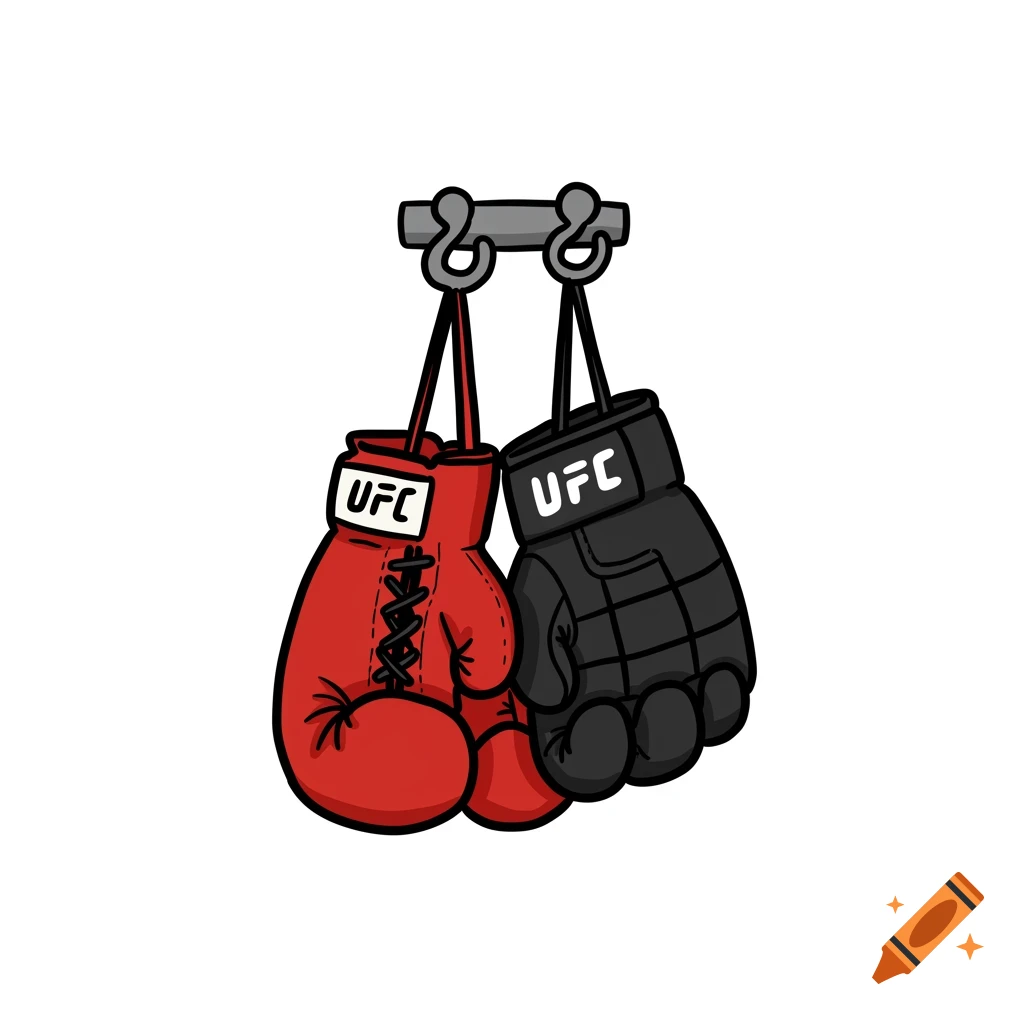 A simple cartoon drawing of a red boxing glove and a black UFC-style MMA glove hanging on a hook against a white background.