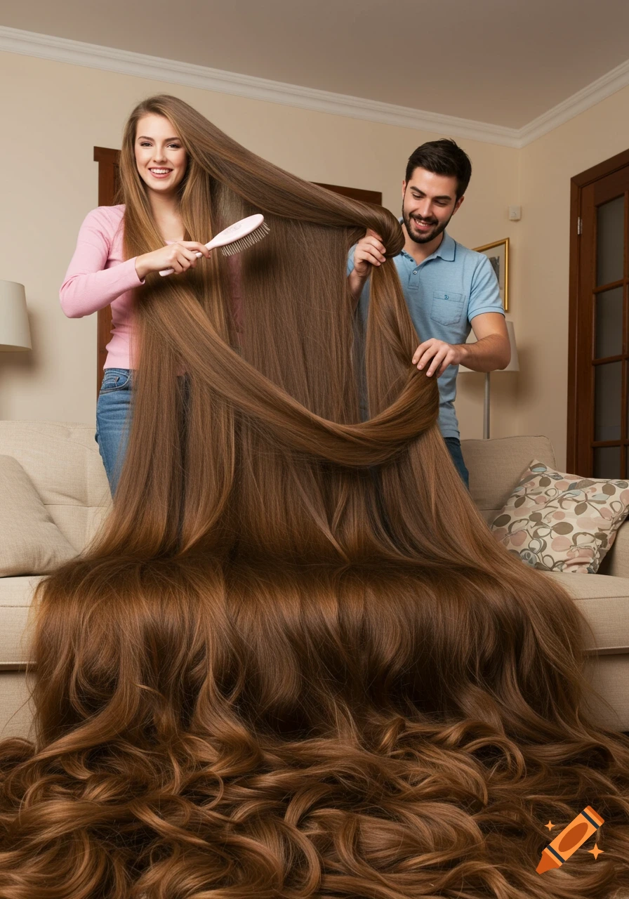 A photorealistic image of a smiling woman brushing her extremely long brown hair, which covers a couch, while a man helps hold it.
