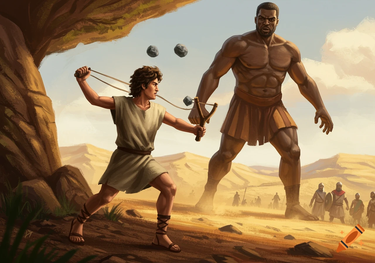 Illustration of David with a slingshot facing the giant Goliath in a desert, with other figures in the background.