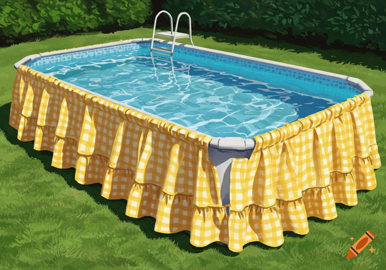 A rectangular above-ground swimming pool with a yellow-and-white gingham skirt sits on green grass with bushes in the background.