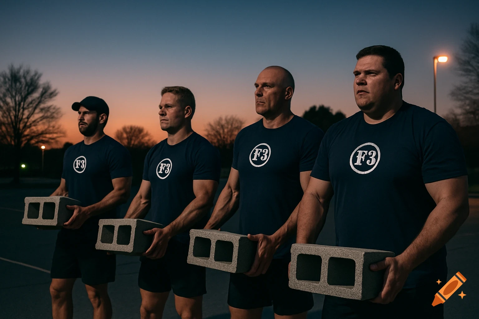 Four strong men in F3 shirts holding cinder blocks at dawn during a workout.