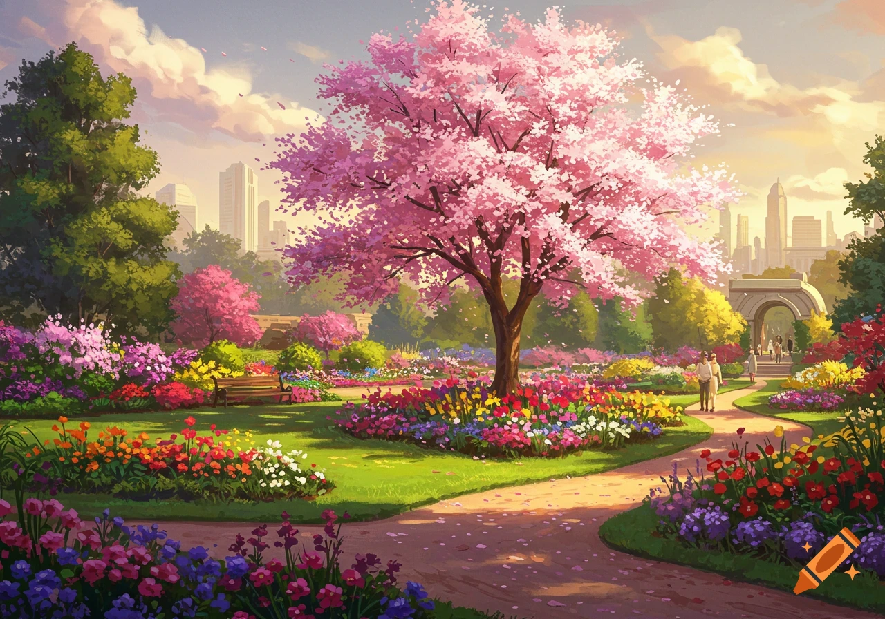 Vibrant park landscape with a large pink cherry blossom tree, colorful flowerbeds, and a city skyline in the background, in an illustrative style.