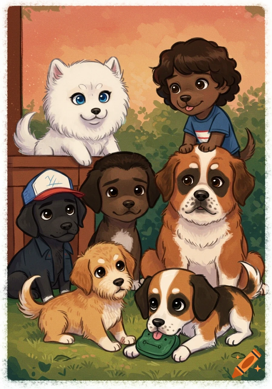 A group of cute cartoon puppies and a human child stand together in a grassy garden setting.