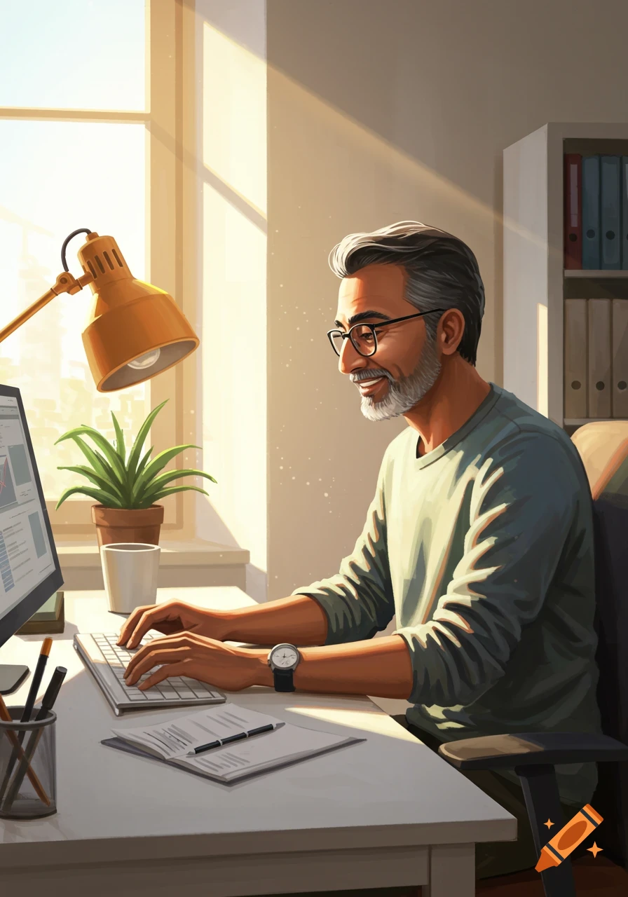 An illustration of a man with gray hair and glasses working on a computer at a desk with a lamp, plant, and papers, bathed in sunlight.