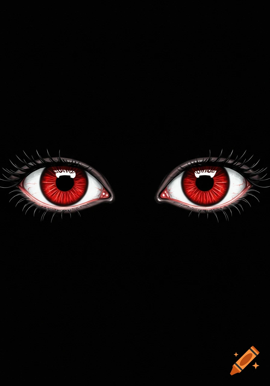 A pair of wide red eyes with long dark lashes stare out from a solid black background.