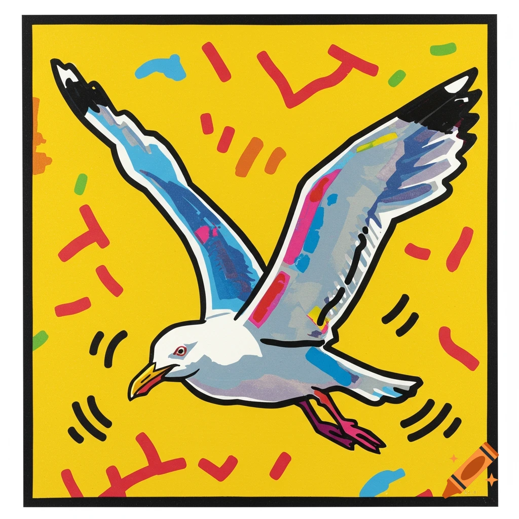 A white and blue seagull in flight, depicted in a bold pop art style with thick black outlines, against a vibrant yellow background with colorful abstract shapes.