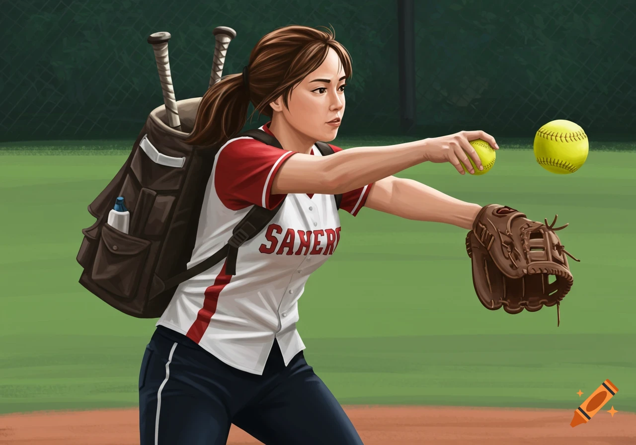 A young girl in a red and white uniform on a softball field, throwing a yellow softball with a glove on her left hand.