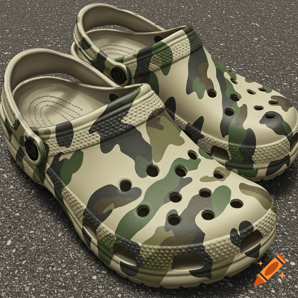 A pair of camouflage Crocs clogs resting on a dark asphalt surface in a photorealistic style.