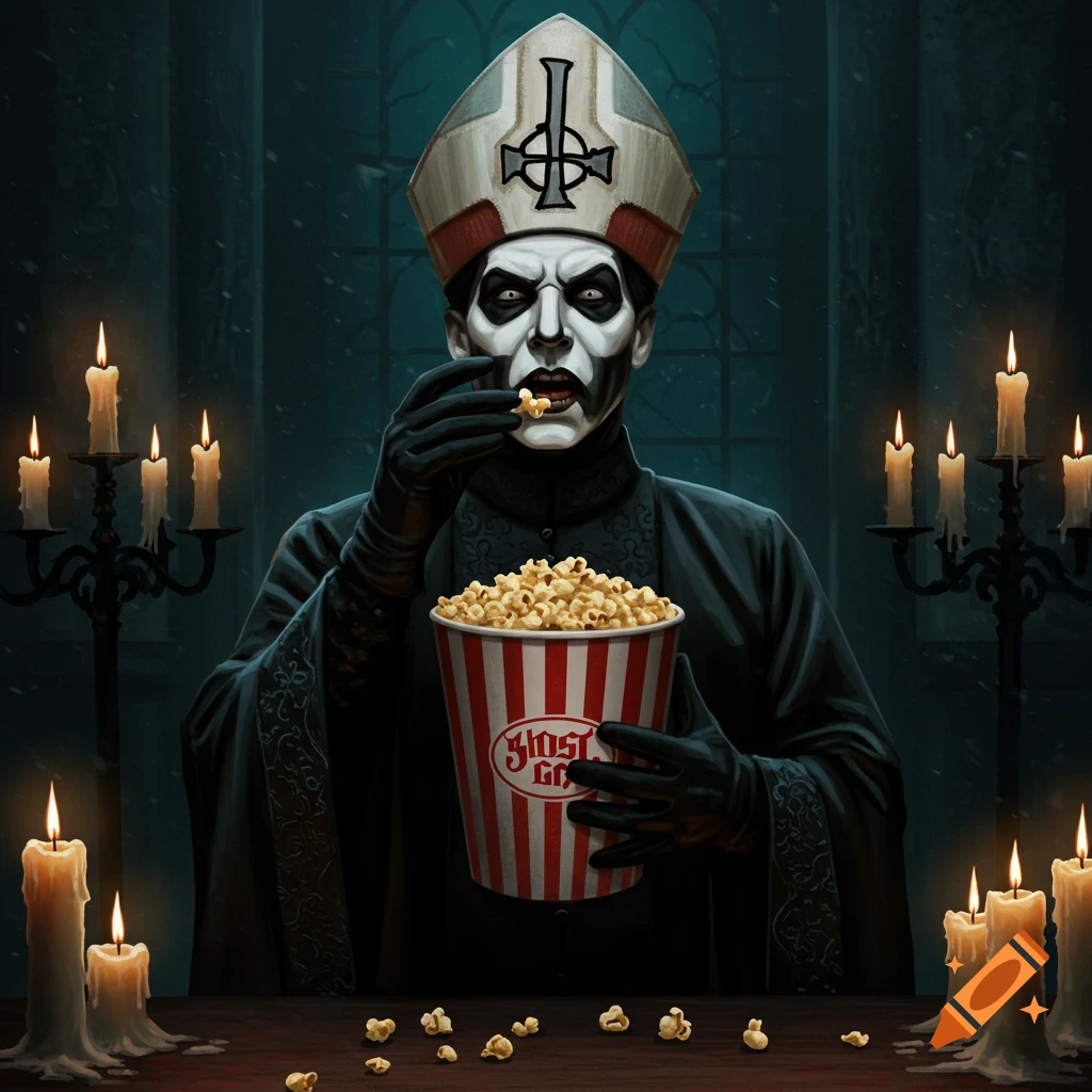 A stylized figure resembling a Ghost band member in a mitre and black robes eats popcorn from a striped bucket in a dimly lit, gothic setting.