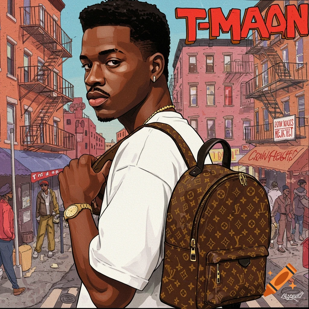 An illustration of a young Black man, T-MAAN, in a white t-shirt and Louis Vuitton backpack, standing on a street in what appears to be Crown Heights, Brooklyn, with buildings and fire escapes in the background.