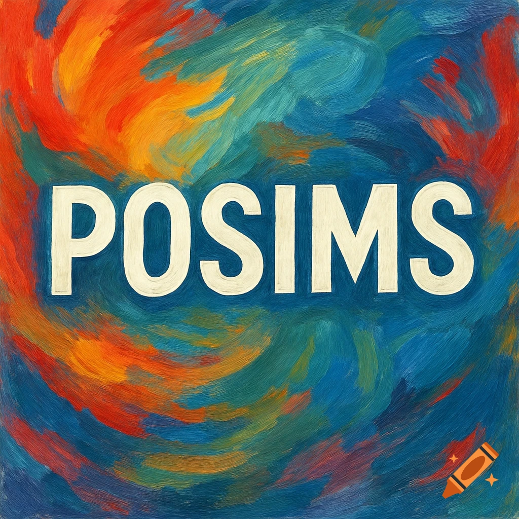 The word "POSIMS" in white against a swirling, vibrant abstract background with orange, red, blue, and green brushstrokes.