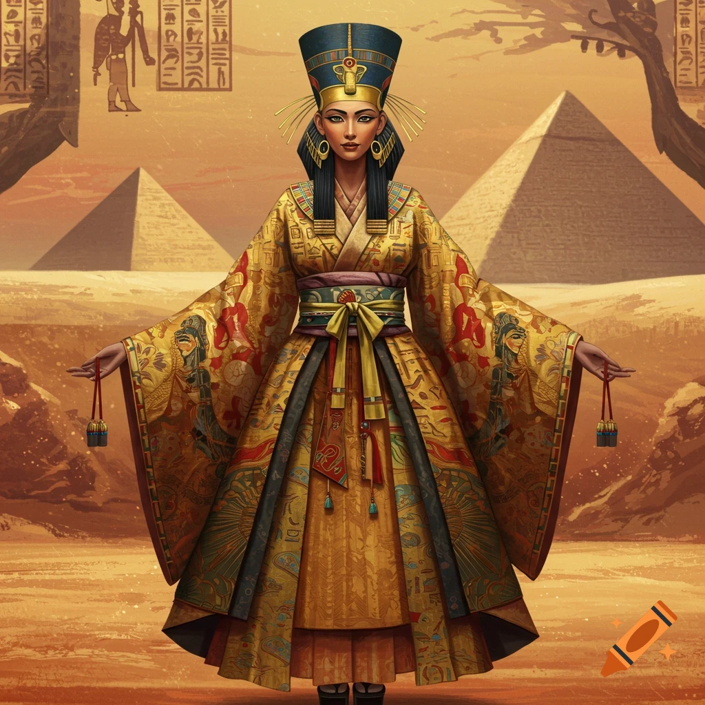 A woman wearing a golden kimono and an Egyptian pharaonic crown stands in a desert with pyramids and hieroglyphs.