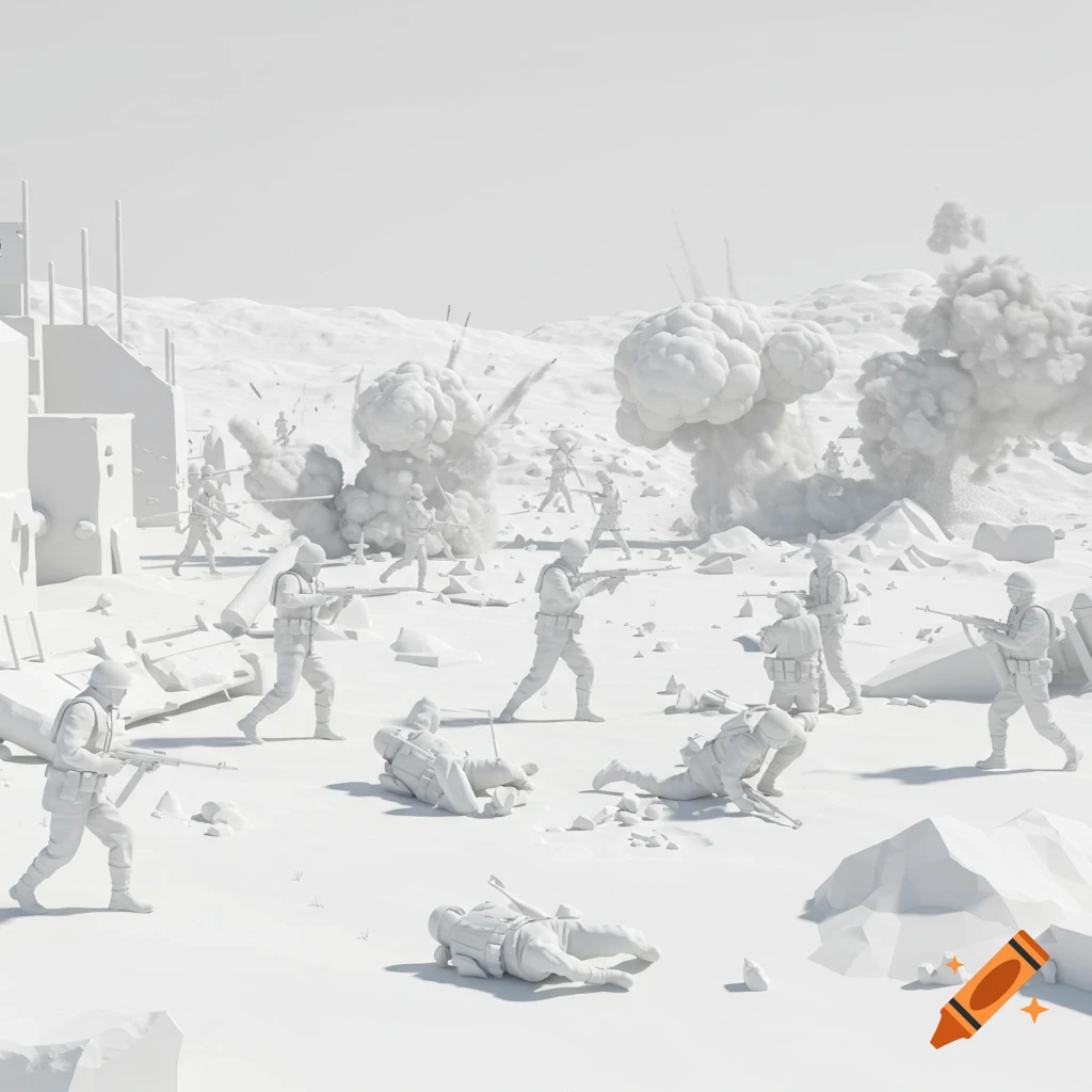 An all-white 3D render of a war scene with soldiers in a battle, explosions, and rubble.