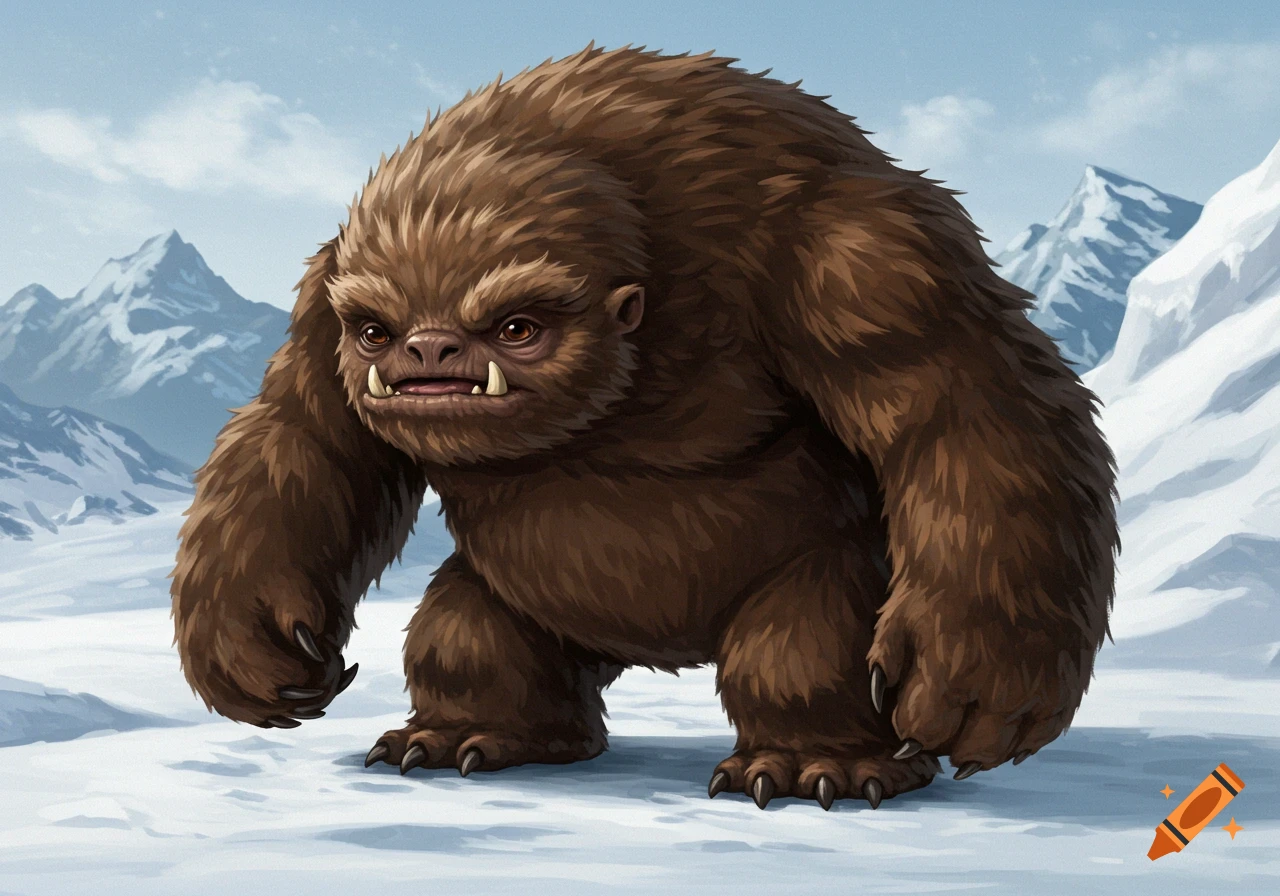 A large, brown, furry creature with tusks stands in a snowy mountain range under a light blue sky.
