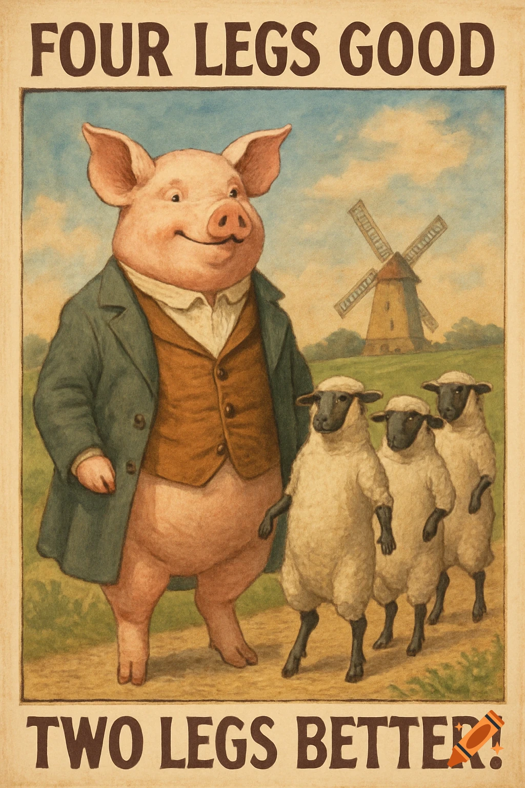 A pig in a coat and vest stands on two legs, next to three sheep also standing on two legs, with a windmill in the background. Text reads "FOUR LEGS GOOD" and "TWO LEGS BETTER!" at the top and bottom.