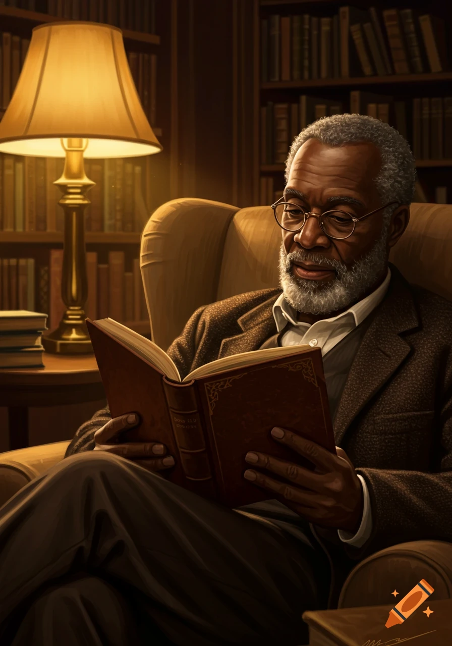 A wise, older Black man with a beard and glasses sits in a warm armchair, reading a book in a dimly lit library.