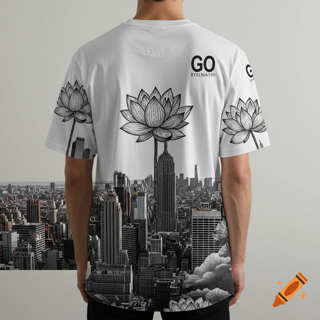 Back of a person wearing a white t-shirt featuring a black and white NYC skyline overlaid with large lotus flowers and a 'GO' logo.