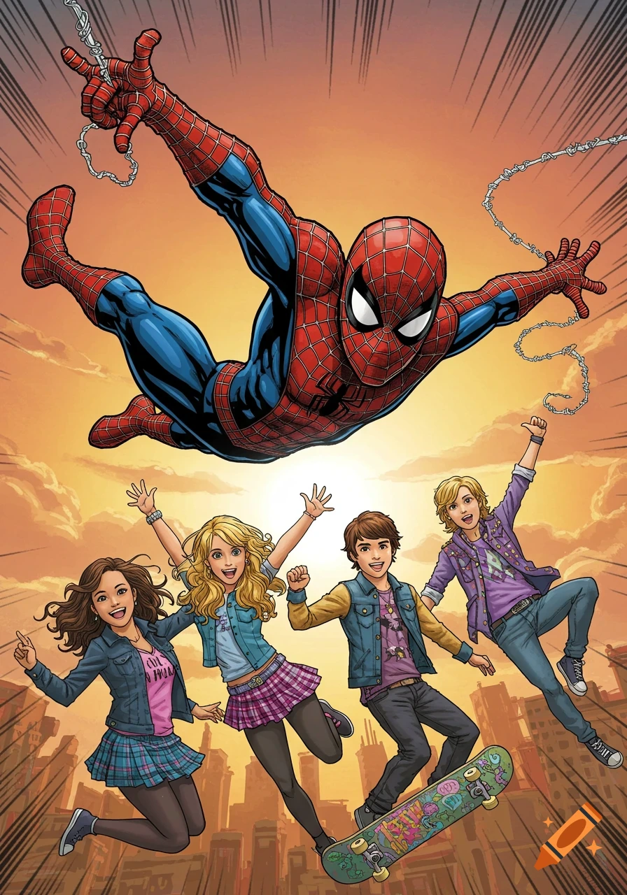 Spider-Man swings above four excited teenagers in a vibrant comic book illustration style, with a city skyline at sunset.