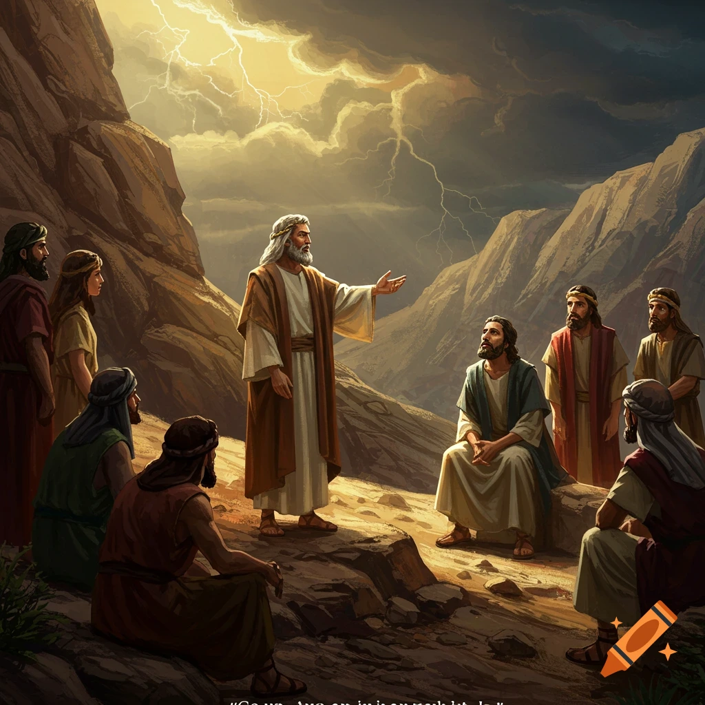 A bearded man in robes gestures to a group of people in a mountainous desert under a stormy sky with lightning.