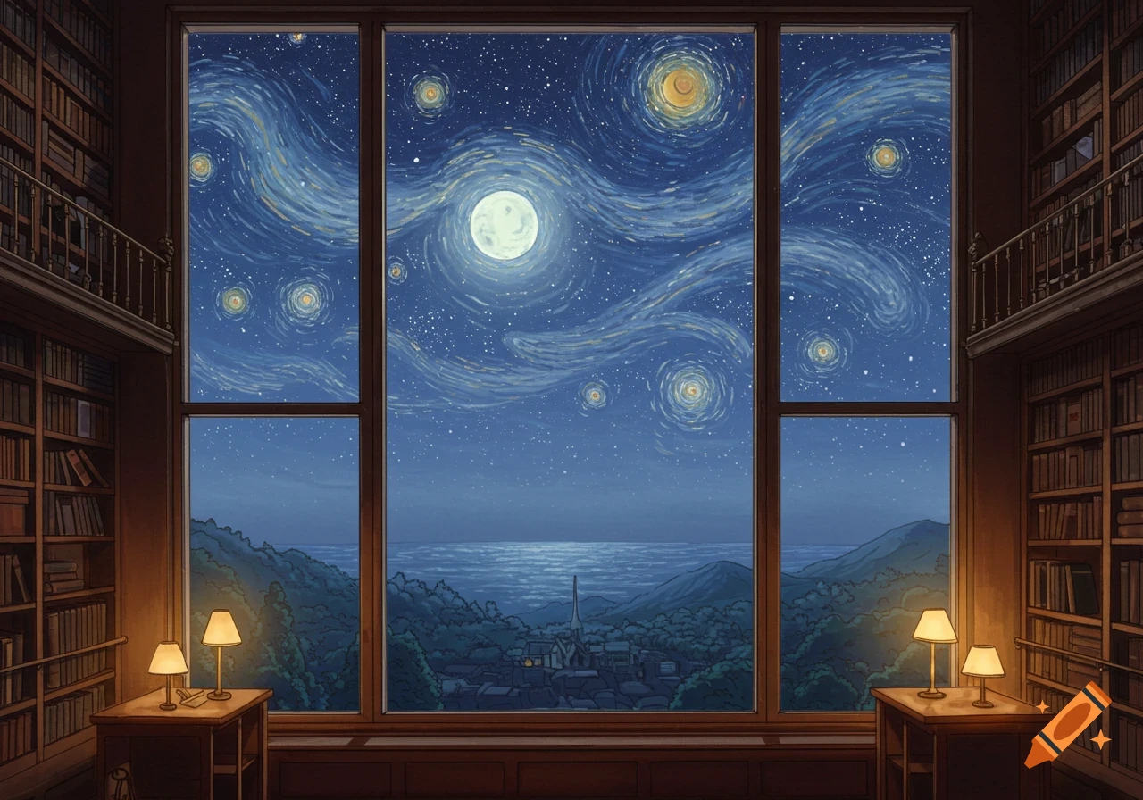 A detailed view from inside a library, looking out a large window at a Starry Night-inspired sky with a full moon above a town, ocean, and mountains.