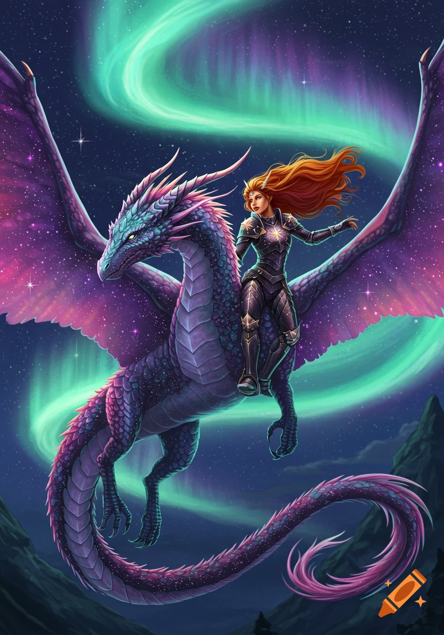A female dragon rider with auburn hair in starry armor on a purple and teal dragon with starry wings, flying against an aurora sky.