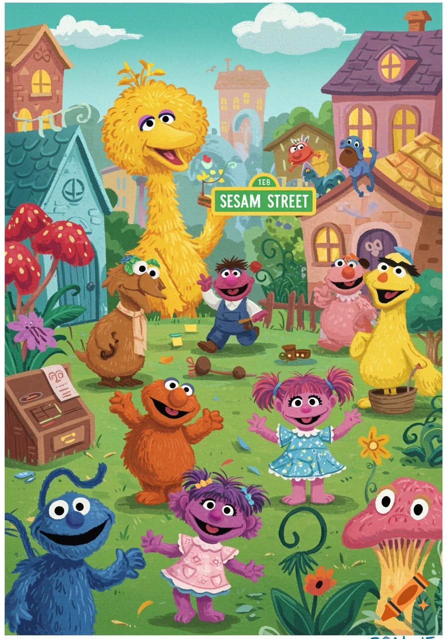 Colorful cartoon characters resembling Sesame Street inhabitants stand in a bright, grassy neighborhood with houses and a street sign.