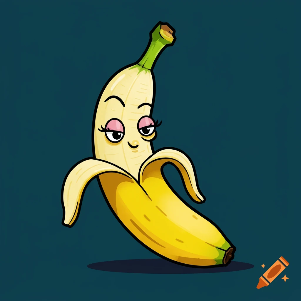 A peeled cartoon banana with a sassy expression, featuring large eyes with pink eyeshadow and long lashes.