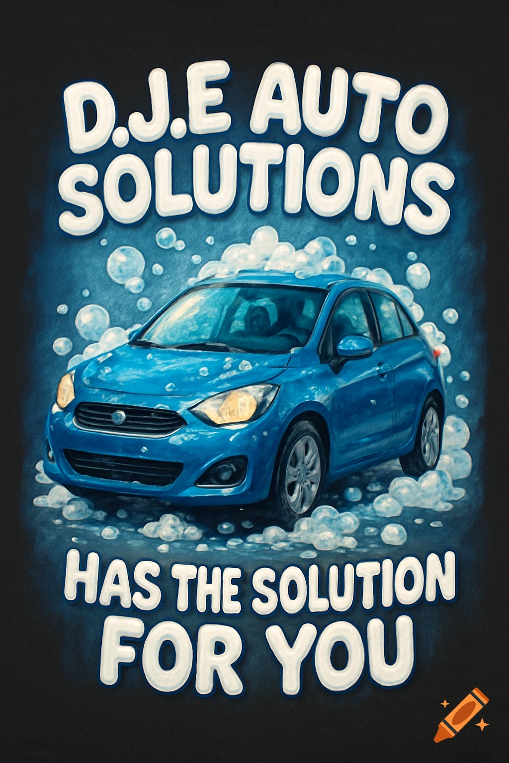 A blue car surrounded by white soap bubbles, with white bubble letters saying 'D.J.E Auto Solutions has the Solution for you' on a dark background.