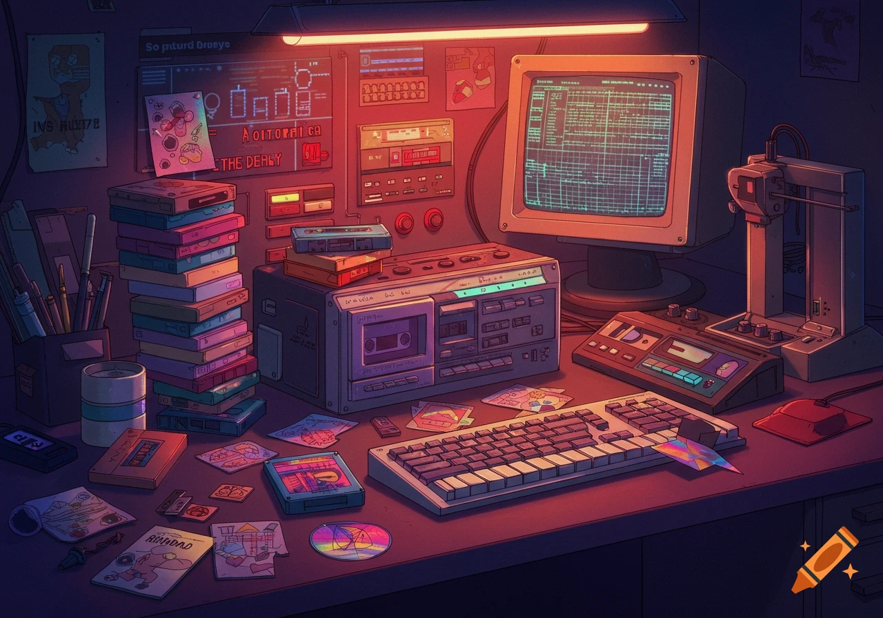 A retro-futuristic desk illuminated by warm light, featuring a CRT monitor displaying code, a cassette player, keyboard, stacked tapes, and various electronic devices and papers.