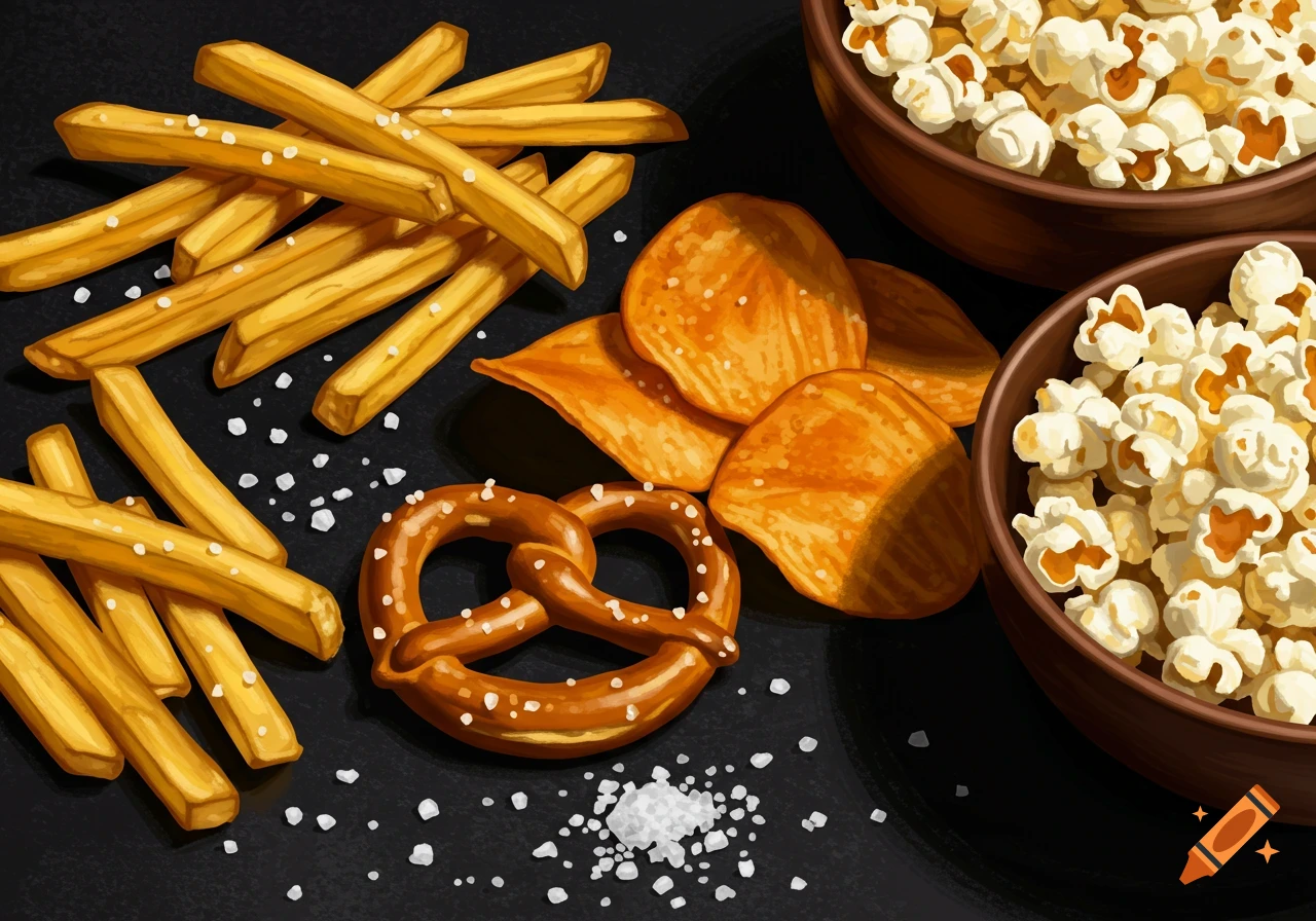 A top-down view of various salty snacks, including french fries, potato chips, a pretzel, and two bowls of popcorn, on a dark surface.