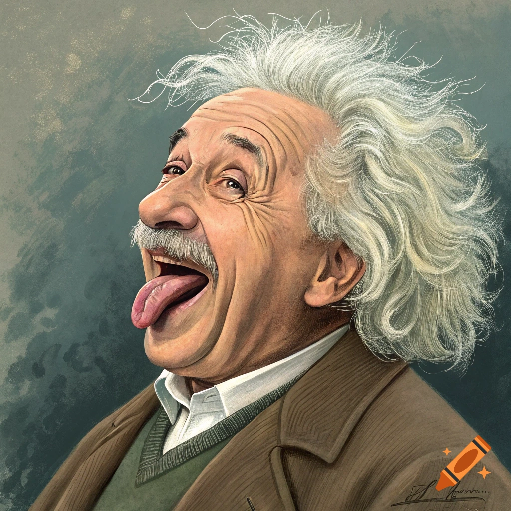 Caricature of Albert Einstein sticking his tongue out, with one eye closed.