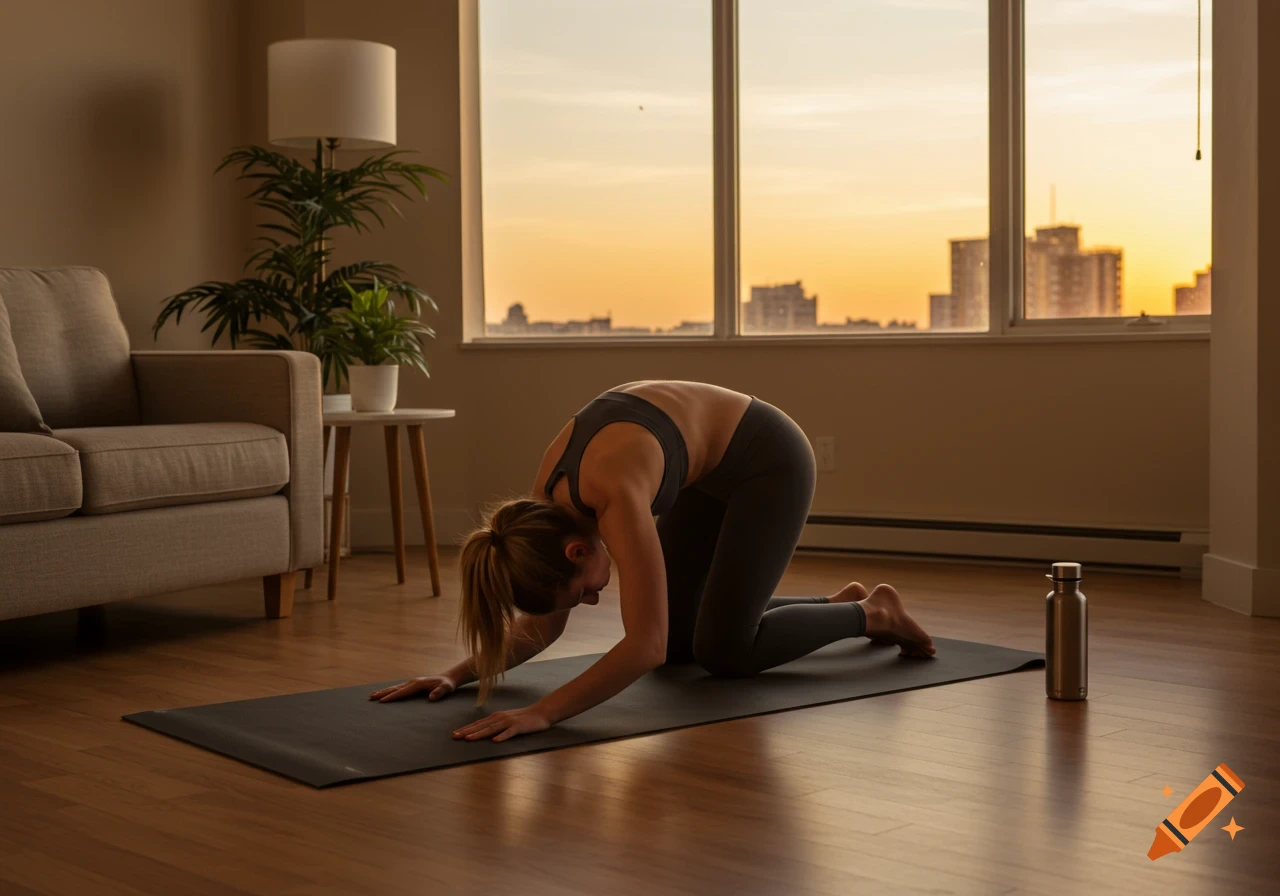 A woman in a dark sports bra and leggings performs a yoga pose on a mat in a warmly lit living room at sunset.