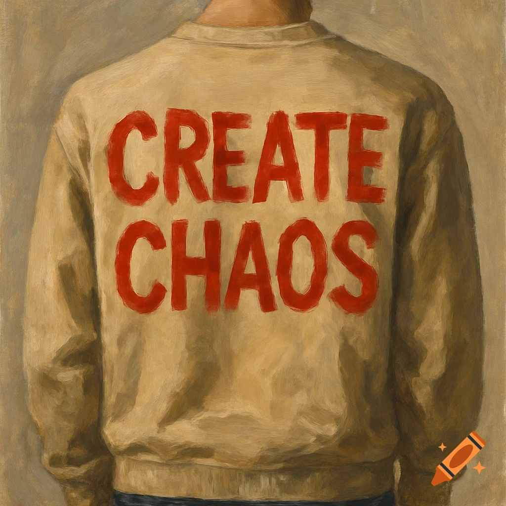 Painting of a person from behind wearing a tan sweater with 'CREATE CHAOS' in red letters.