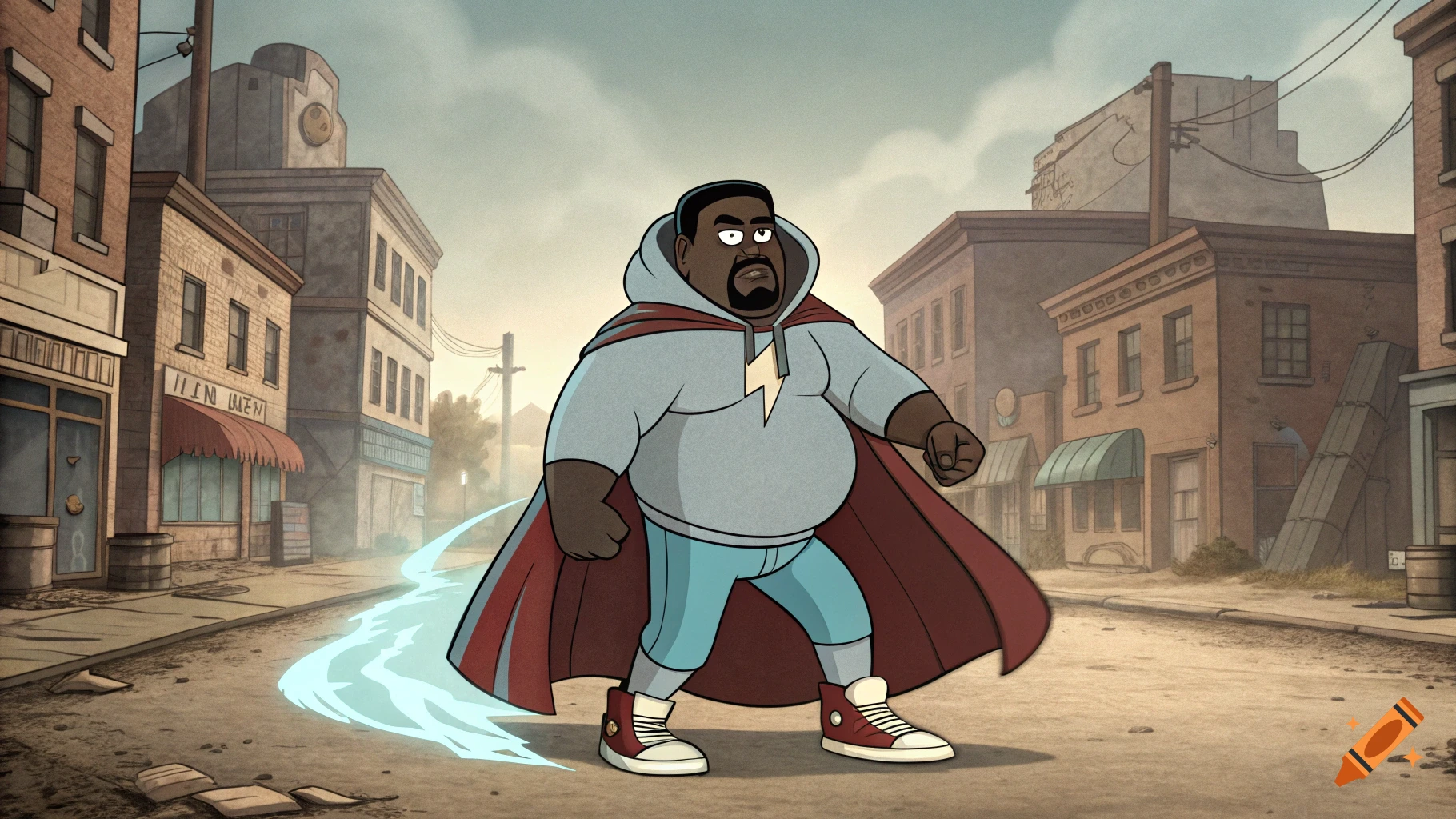 A cartoon of an overweight Black man in a grey hoodie with a lightning bolt, red cape, and jeans, standing in a deserted city street with light blue energy around his feet.