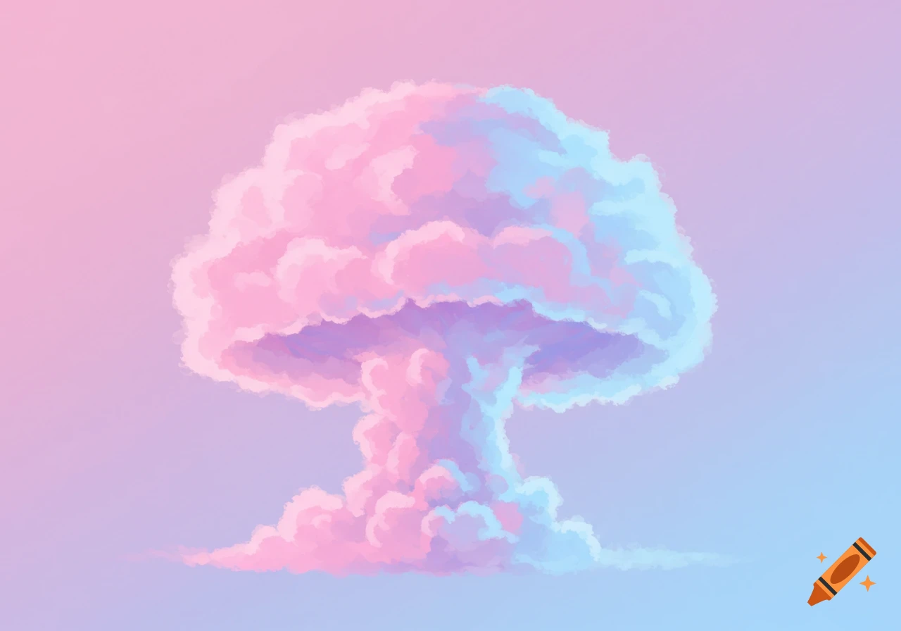 A stylized mushroom cloud rendered in soft pastel pinks, blues, and purples against a gradient background.