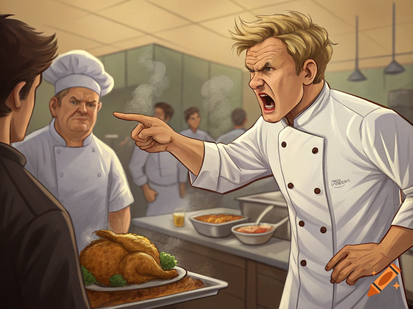 Cartoon illustration of an angry Gordon Ramsay screaming and pointing at a chef holding an undercooked chicken in a kitchen.