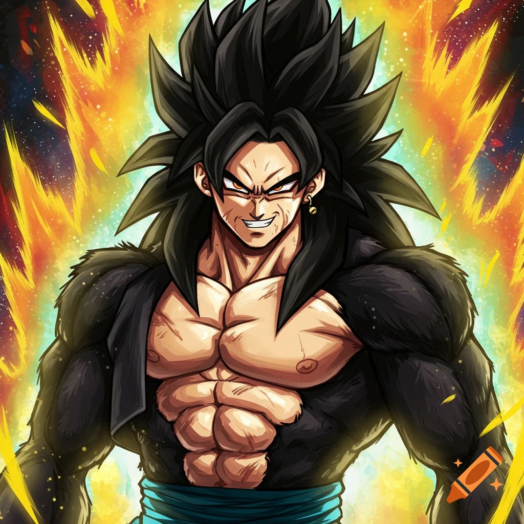 Super Saiyan 4 Gogeta, a muscular anime character with spiky black hair and fur, smirking amidst fiery energy.