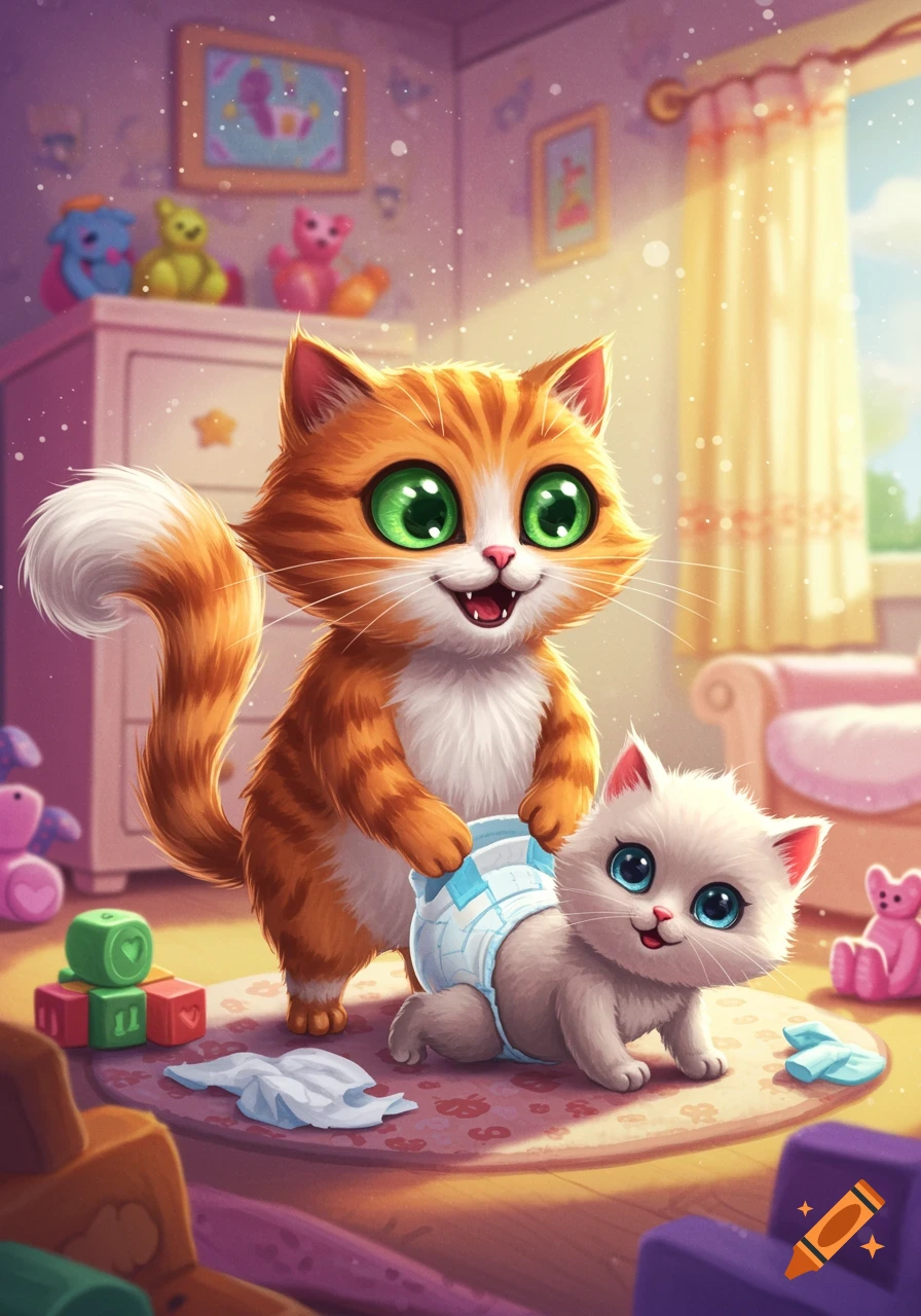 A large orange tabby cat helps a smaller white kitten put on a diaper in a brightly lit nursery with toys.