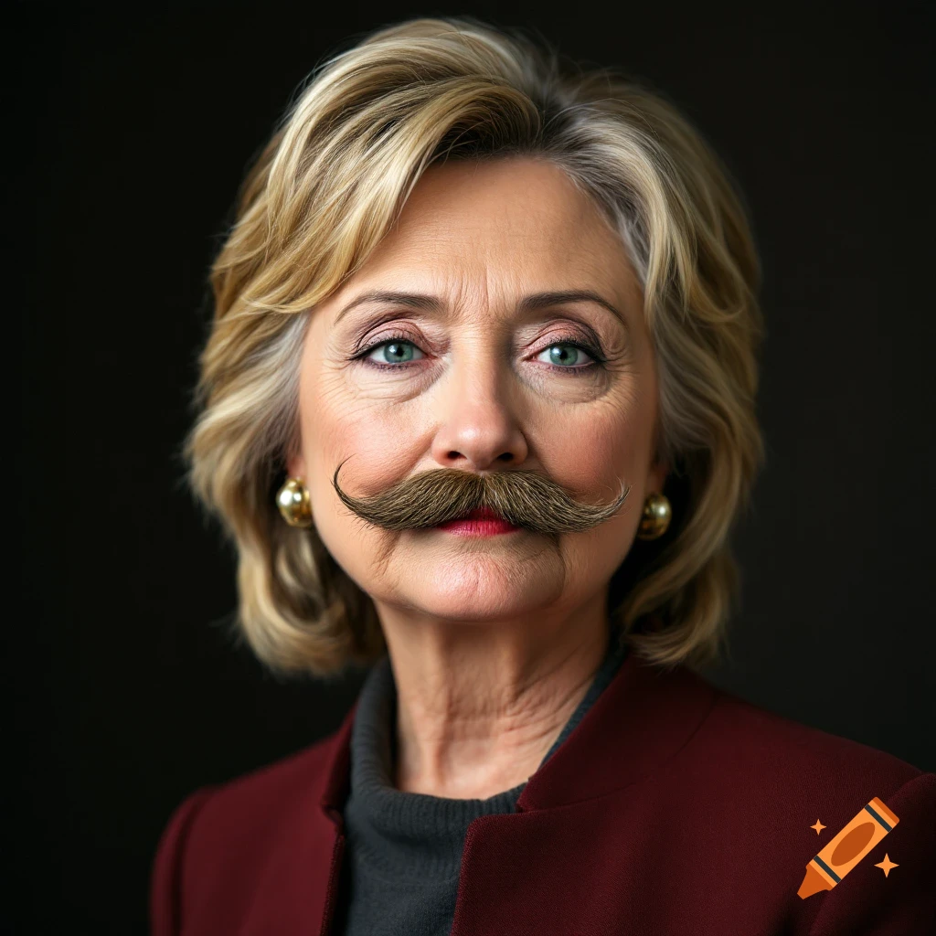 Photorealistic portrait of Hillary Clinton sporting a large mustache.