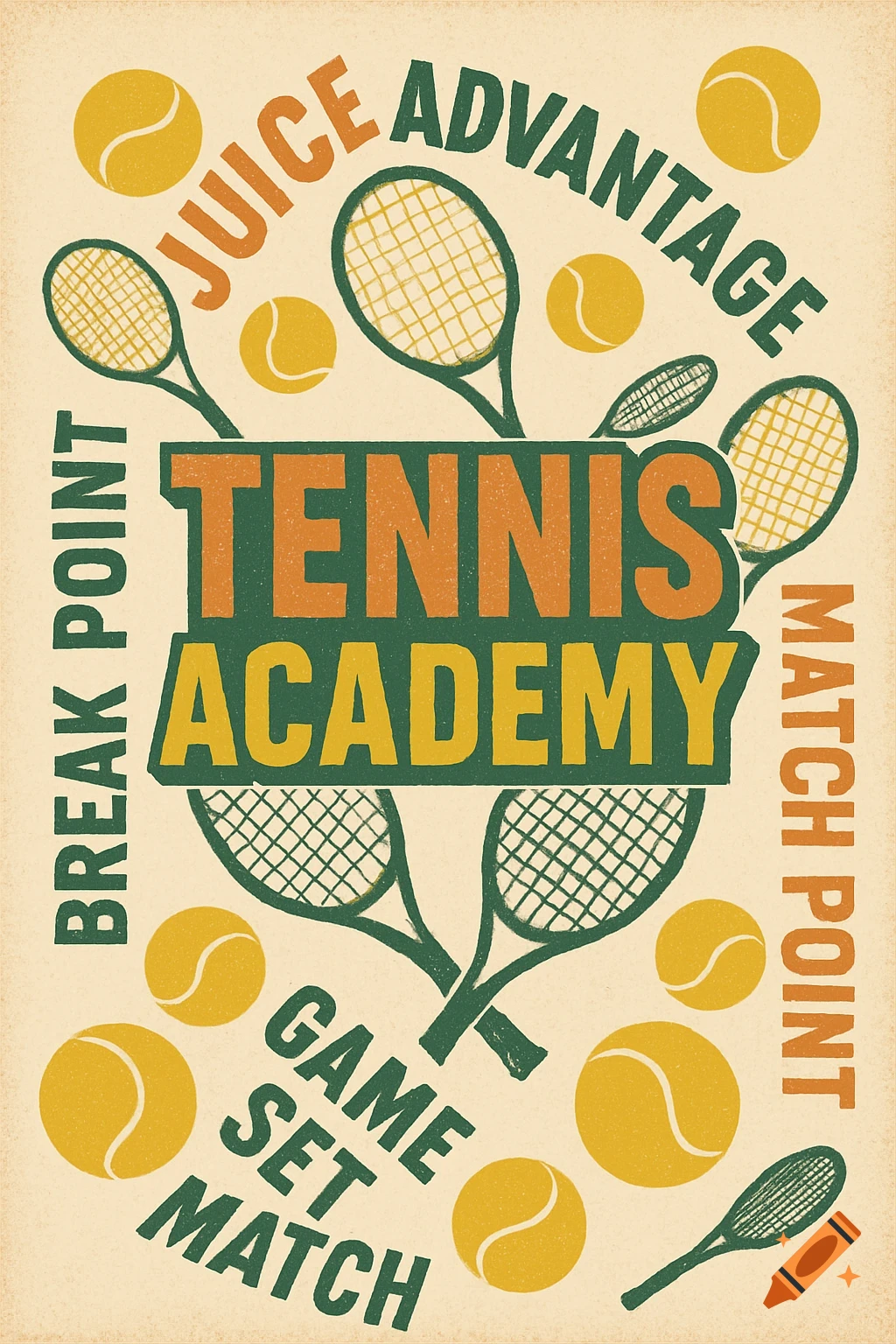 Retro-style poster for 'Tennis Academy' with tennis rackets, balls, and text 'Juice Advantage', 'Break Point', 'Match Point', 'Game Set Match'.