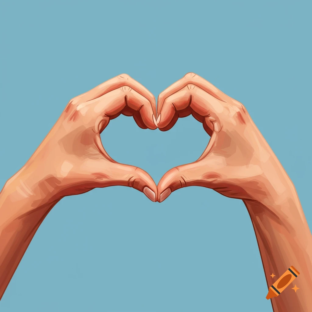 Two hands forming a heart shape against a blue background in an illustrative style.