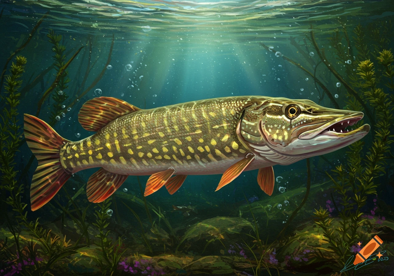 A detailed illustration of a pike fish swimming underwater amidst green aquatic plants and sunlight rays.