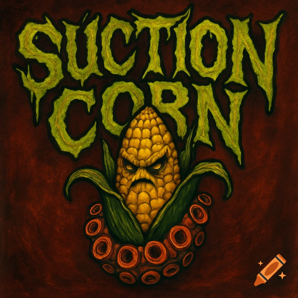 A stylized band logo featuring the words "SUCTION CORN" in green, drippy letters above an angry-faced corn cob surrounded by green leaves and orange tentacles.