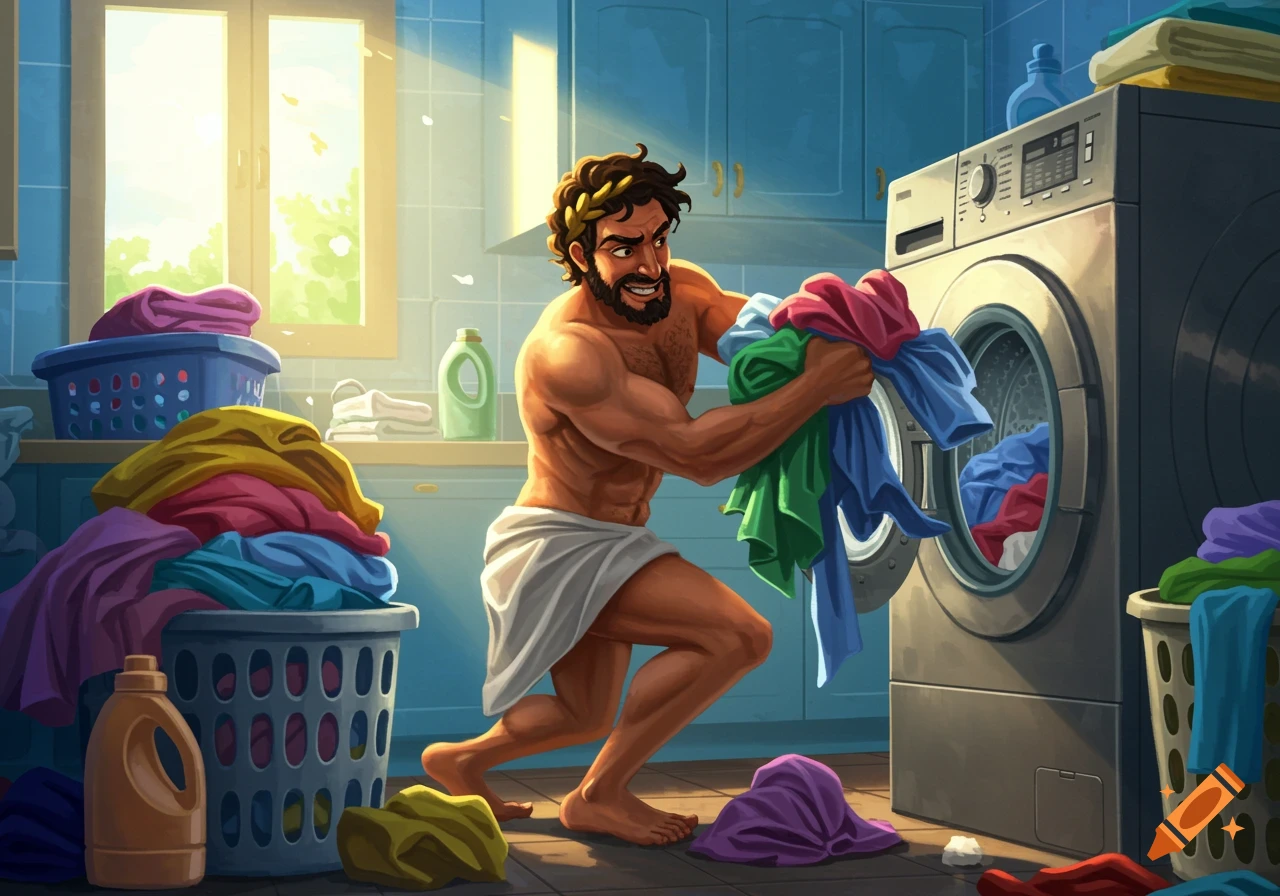 Muscular Sisyphus in a toga grunts, stuffing colorful laundry into a washing machine in a bright laundry room, cartoon style.