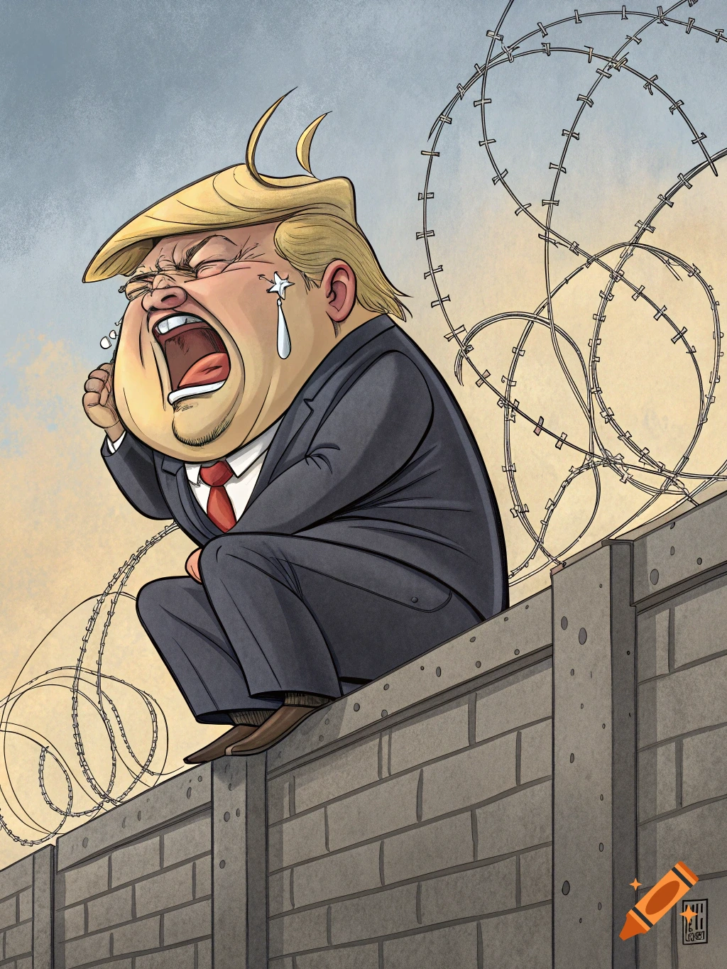Caricature of a fat, egg-shaped Donald Trump crying and throwing a fit, sitting on a wall topped with barbed wire, in a cartoon style.