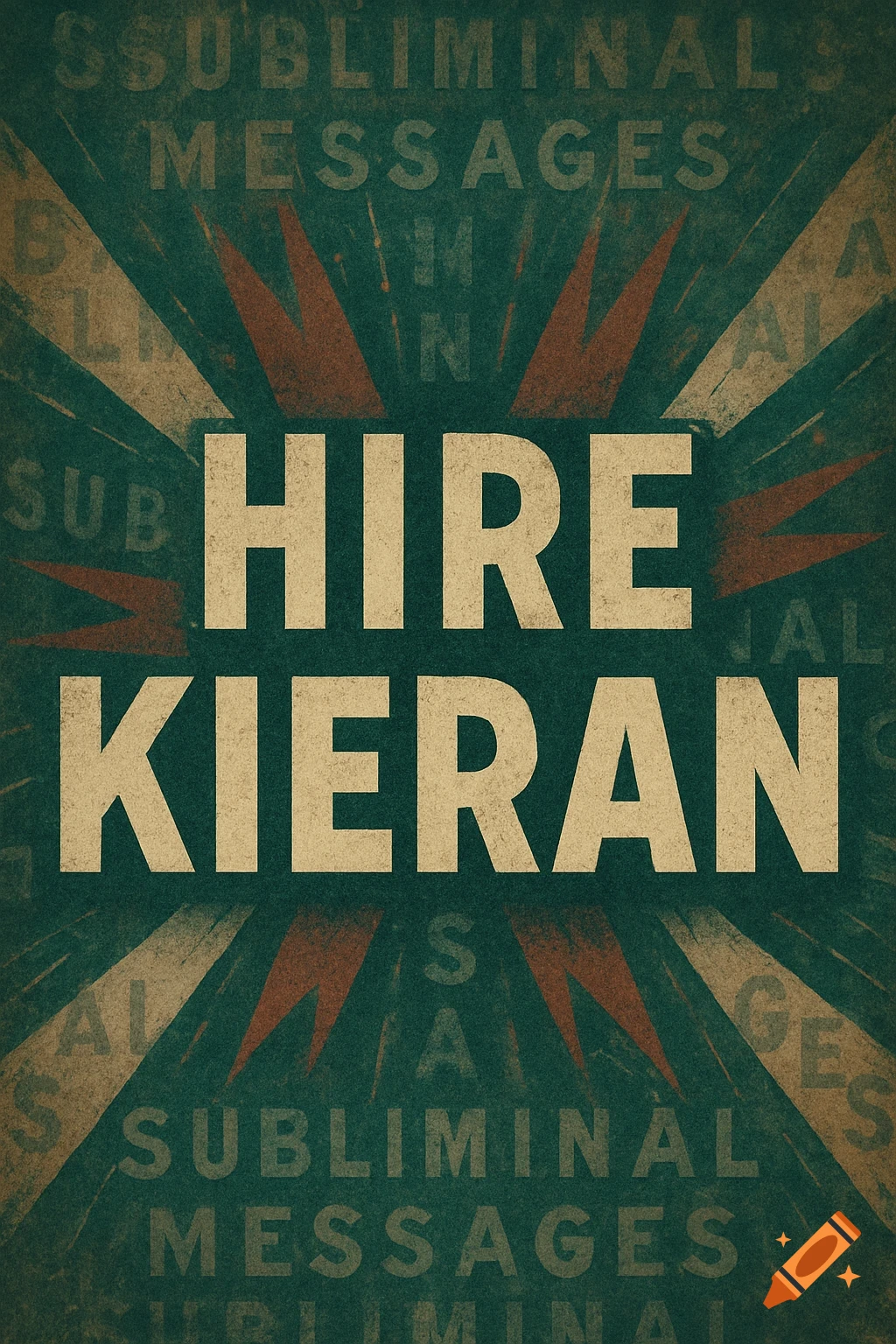 A vintage-style poster with the prominent white text "HIRE KIERAN" in the center, surrounded by faded, radiating text "SUBLIMINAL MESSAGES" on a distressed dark teal background with beige and red rays.