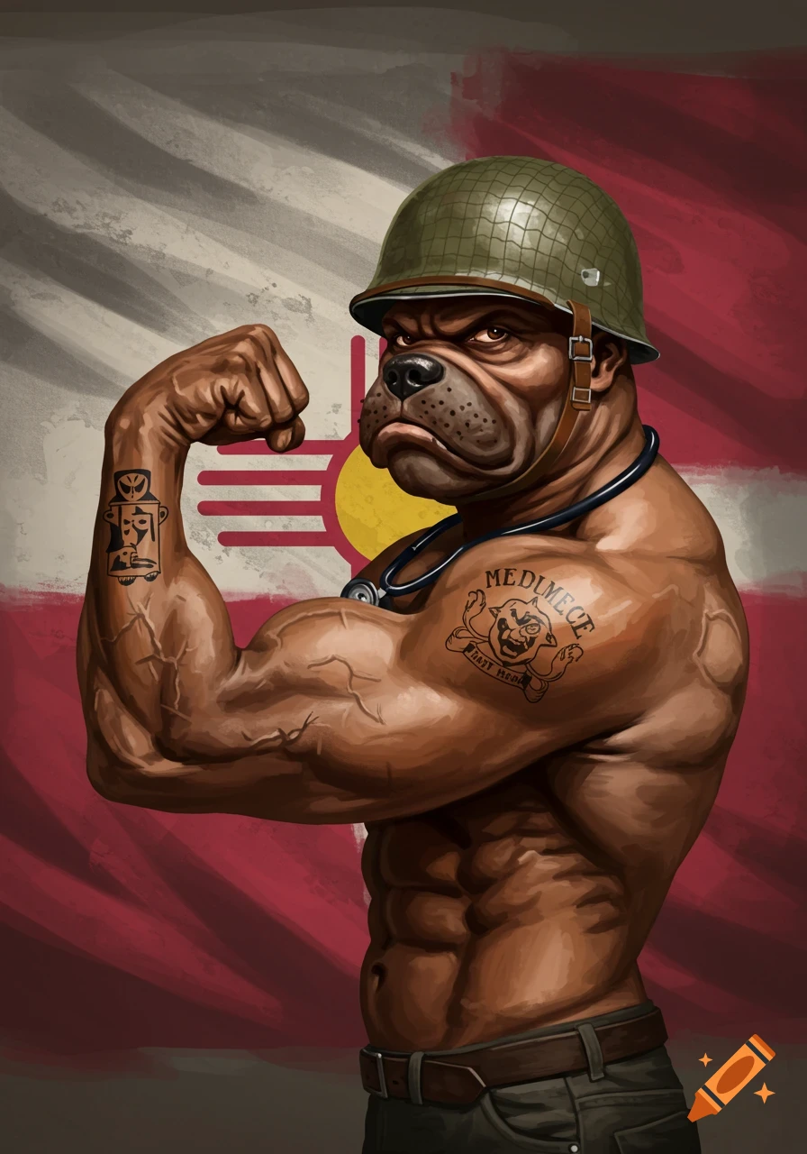 A muscular bulldog in a military helmet and stethoscope flexes his bicep, standing against a New Mexico flag.