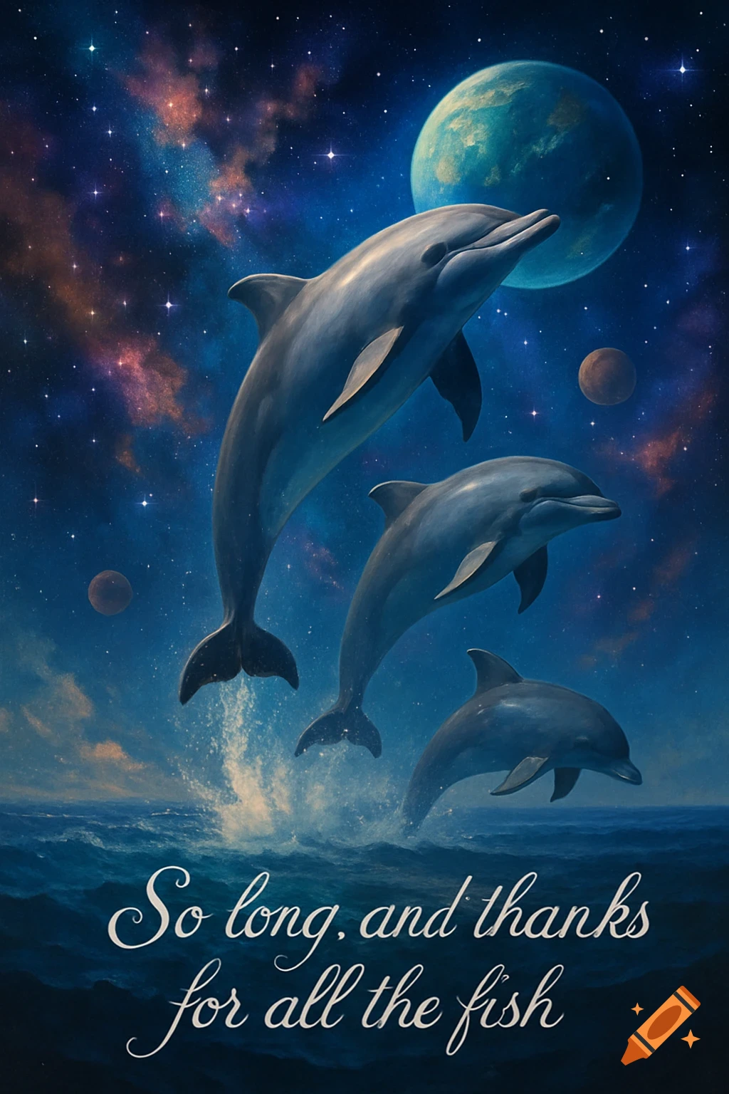 Three dolphins leap from ocean waves into a vibrant starry outer space with planets and nebulas, with the text "So long, and thanks for all the fish" at the bottom.