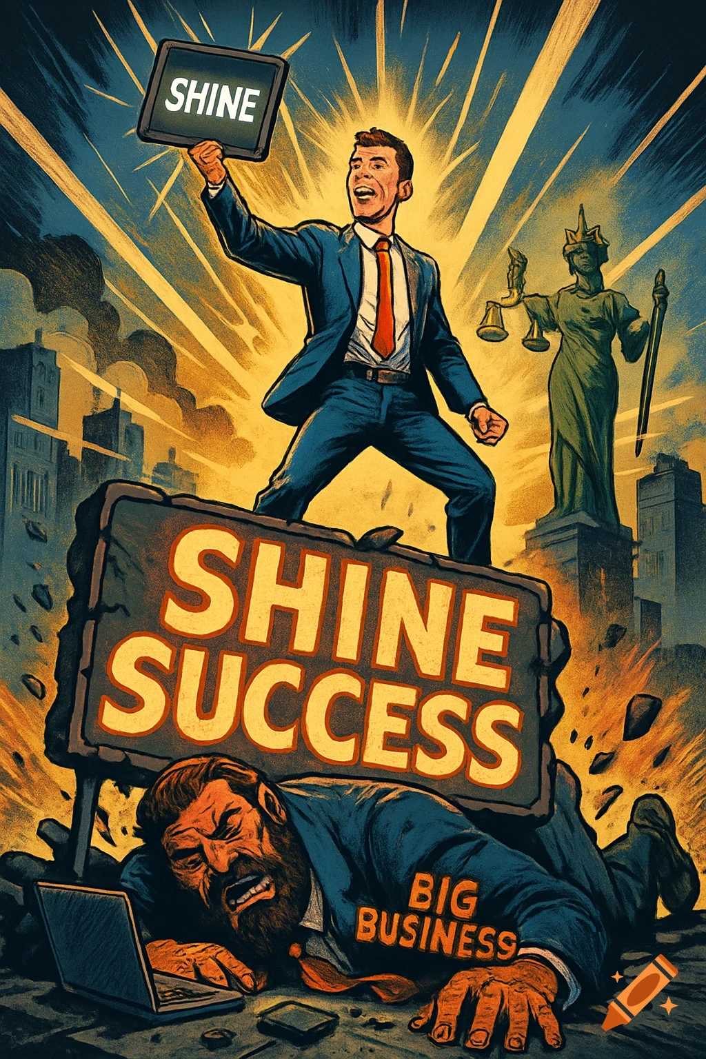 A triumphant businessman stands over a defeated 'Big Business' figure in a dramatic comic book style cityscape, holding a 'SHINE' tablet and standing on a 'SHINE SUCCESS' billboard.
